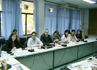 Members of the Canadian women and children’s-rights group attend a meeting with Pattaya-area human-trafficking police, Friday. March 4.
